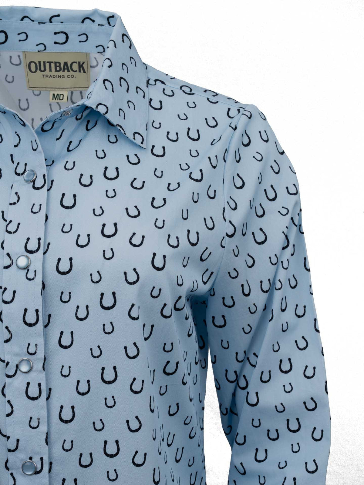 OutbackTrading.com Women's Horseshoe Toss Button Up Shirt - Light Blue Shirts