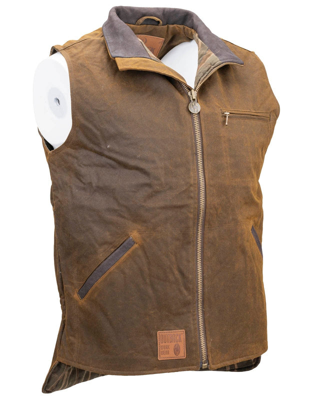 Gilet Uomo Outback Trading Company Sawbuck In Tessuto Oilskin, Cerniera, Colletto Nabuk, Tasche Multiple