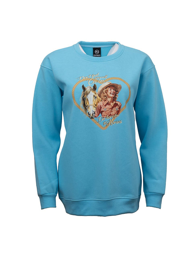 OutbackTrading.com Women's Here For the Horses Sweatshirt - Blue Blue / SM 40380-BLU-SM 789043442724