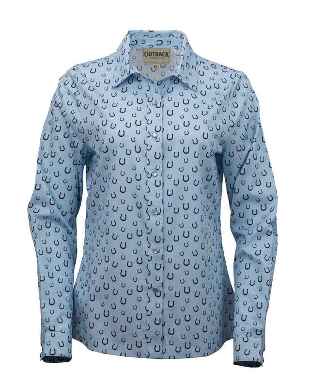 OutbackTrading.com Women's Horseshoe Toss Button Up Shirt - Light Blue Light Blue / SM 40362-LBL-SM 789043441604 Shirts