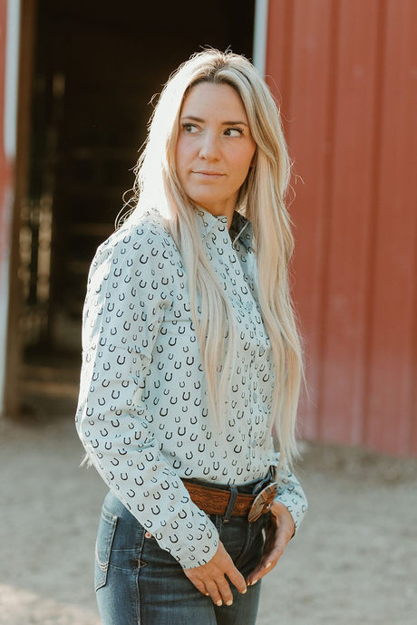 OutbackTrading.com Women's Horseshoe Toss Button Up Shirt - Light Blue Shirts