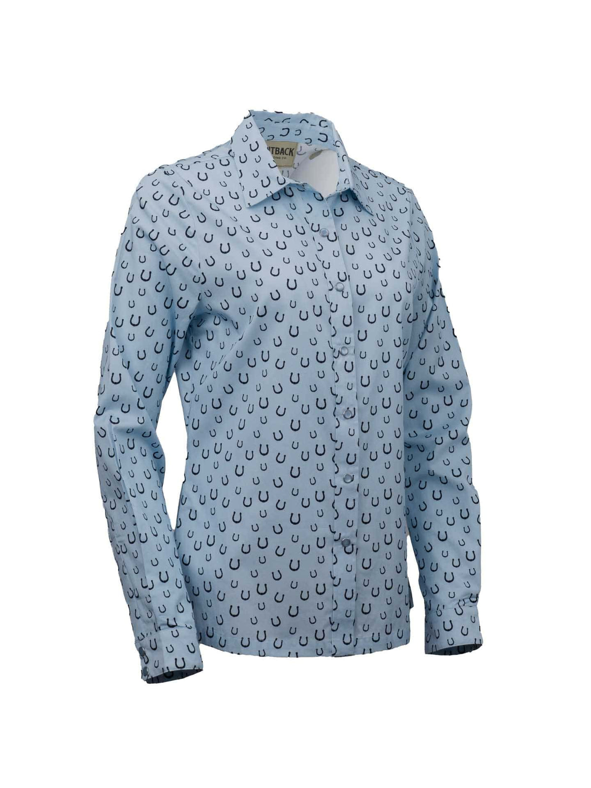 OutbackTrading.com Women's Horseshoe Toss Button Up Shirt - Light Blue Shirts